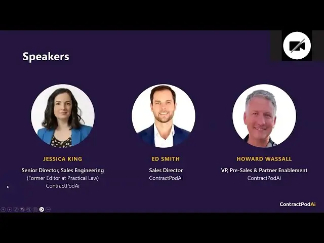 Speaker slide featuring Jessica King, Ed Smith, and Howard Wassall from ContractPodAi with headshots and titles on a dark purple background.