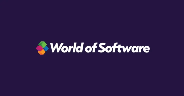 Logo for World of Software with bold white text and colorful stacked hexagons in green, pink, blue, and orange on a dark purple background.