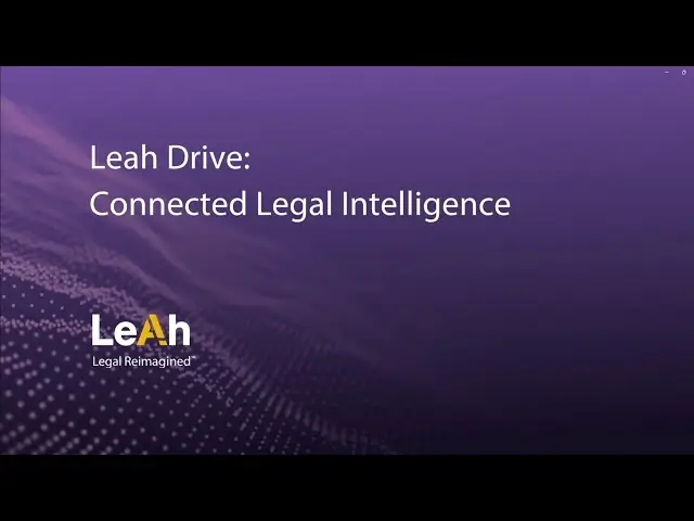 Purple wave-patterned background displaying the text "Leah Drive: Connected Legal Intelligence" with Leah logo and "Legal Reimagined" tagline on lower left.