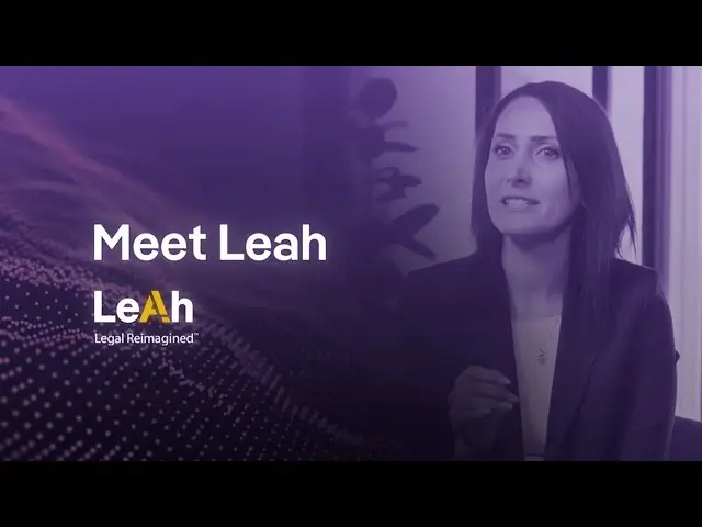 Woman in dark blazer beside bold white text "Meet Leah" and Leah logo with tagline "Legal Reimagined" over a purple, tech-style background.