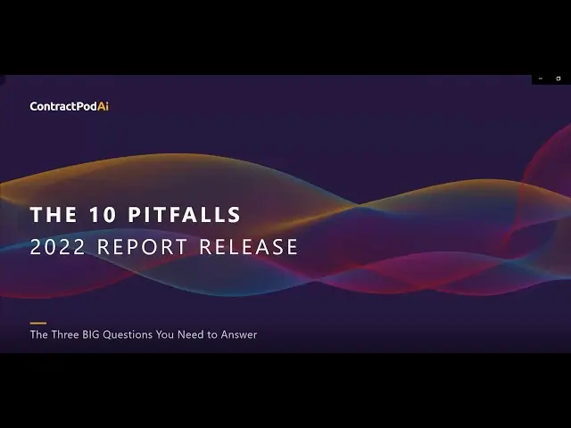 ContractPodAi slide announcing “The 10 Pitfalls 2022 Report Release” with subtitle “The Three BIG Questions You Need to Answer” on a wavy gradient background.