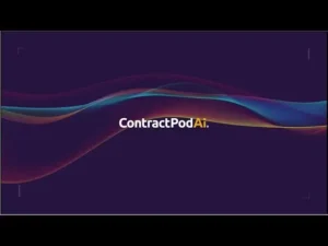 ContractPodAi branding slide with multicolored wave lines across a dark purple background and centered white and yellow ContractPodAi logo.