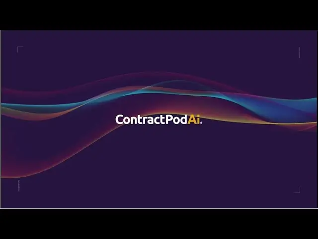 ContractPodAi branding slide with multicolored wave lines across a dark purple background and centered white and yellow ContractPodAi logo.
