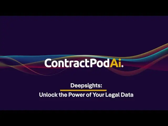 ContractPodAi logo with vibrant wave design and tagline "Deepsights: Unlock the Power of Your Legal Data" on a dark purple background.