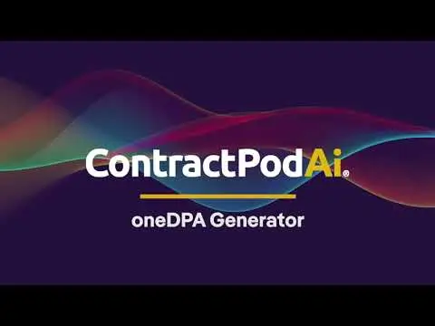 ContractPodAi branding slide with text "oneDPA Generator" beneath logo, set against a dark background with colorful flowing wave graphics.