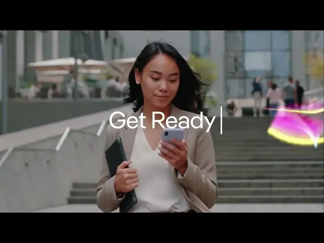 Confident businesswoman walking down city steps, holding a tablet and checking her phone, with "Get Ready" text and a colorful digital wave behind her.