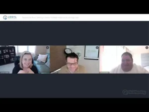 Screenshot of a Legal Operators webinar titled “Beyond the Buzz: Getting to Know the Real Impact of AI on Legal Ops” with three smiling panelists on screen.