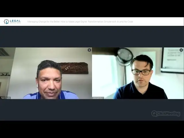 Screenshot of a Legal Operators webinar featuring two speakers discussing legal digital transformation with AI and no-code.