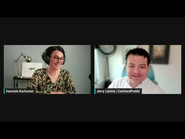 Virtual webinar screenshot featuring Hannele Korhonen and Jerry Levine from ContractPodAi, both smiling in separate video panels during a remote session.