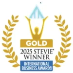 Gold laurel award logo with trophy icon and text: 'GOLD 2025 STEVIE WINNER – INTERNATIONAL BUSINESS AWARDS,' noting ContractPodAi’s Gold Stevie win.