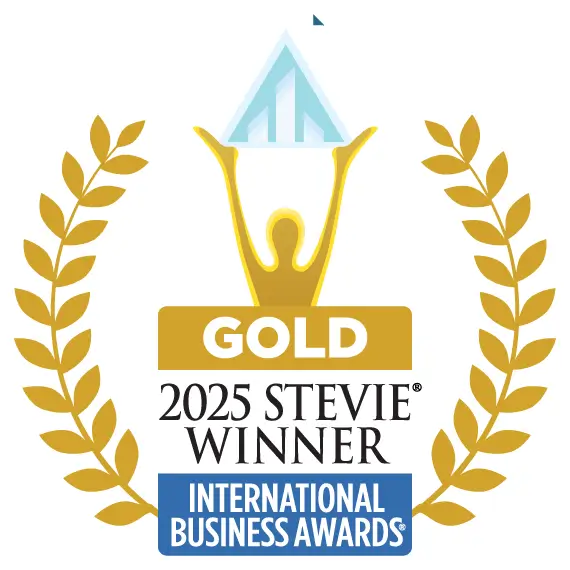 Gold laurel award logo with trophy icon and text: 'GOLD 2025 STEVIE WINNER – INTERNATIONAL BUSINESS AWARDS,' noting ContractPodAi’s Gold Stevie win.