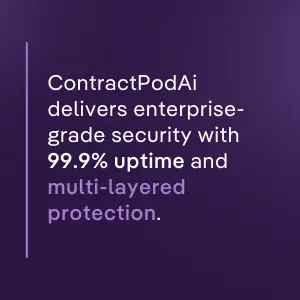 ContractPodAi security claim on purple background: “ContractPodAi delivers enterprise-grade security with 99.9% uptime and multi-layered protection.”