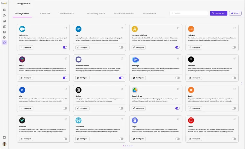 Dashboard view of app integrations showing tools like Salesforce, SAP, HubSpot, Slack, Jira, Google Drive, and Zapier with configure toggles.