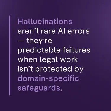 Quote graphic highlighting legal AI risks: hallucinations as predictable failures without domain-specific safeguards